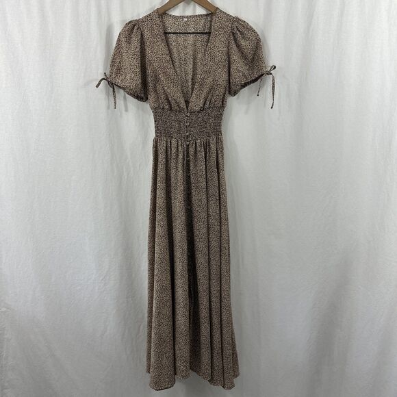 Unbranded Cheetah Print Smocked Waist Button Front Maxi Dress Size S Coquette - Picture 1 of 13